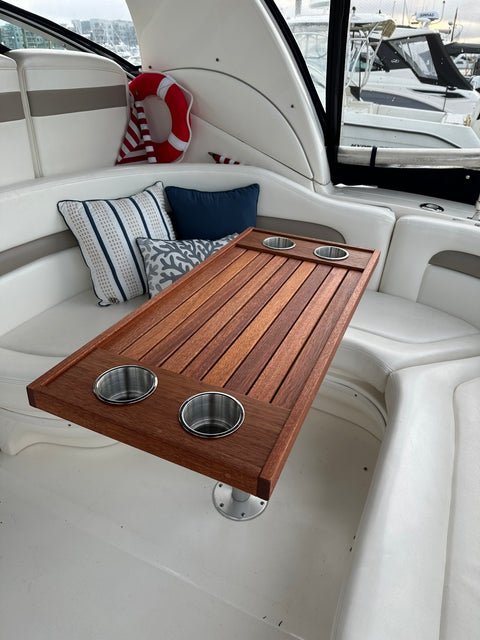 Solid mahogany cockpit table upgrade for Cobalt boats — handmade with teak oil finish